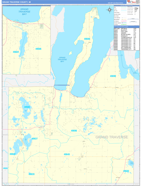 Grand Traverse County, MI Zip Code Wall Map
